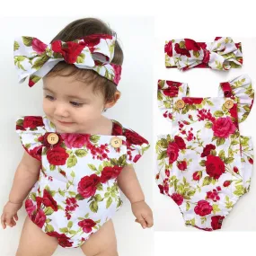 2018 Cute Floral Romper 2pcs Baby Girls Clothes Jumpsuit Romper Headband 0-24M Age Ifant Toddler Newborn Outfits Set Hot Sale