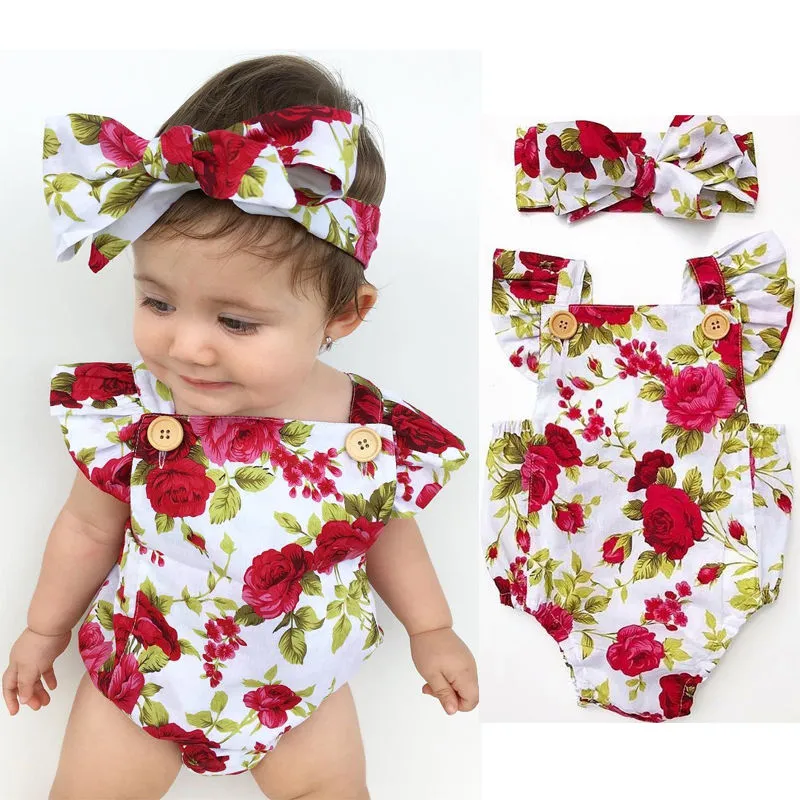 2018 Cute Floral Romper 2pcs Baby Girls Clothes Jumpsuit Romper Headband 0-24M Age Ifant Toddler Newborn Outfits Set Hot Sale